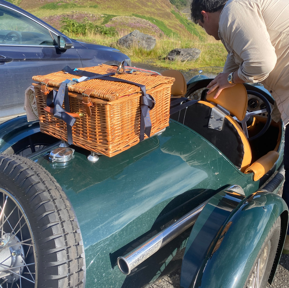 A pembleton roadster with luggage rack for a picnic